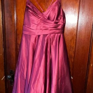 A-line V-Neck Tea-Length Satin Cocktail Dress With Ruffle